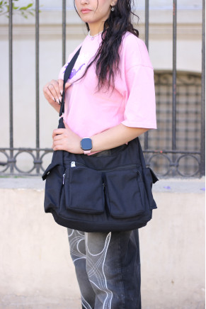 Crescent Multi Pockets Tote Bag Black